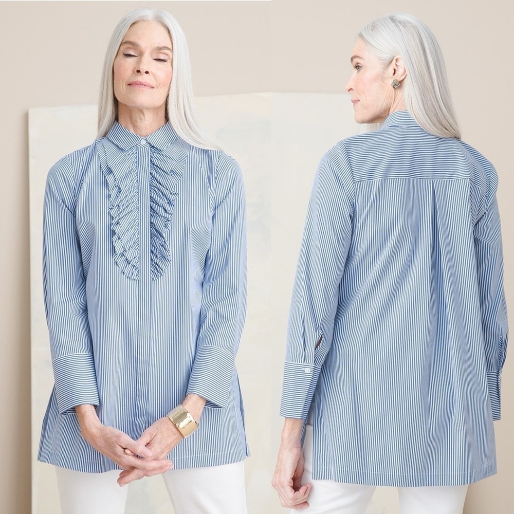 Chico’s XS Blue White Striped Ruffle Front Long Sleeve Tunic Button Down Top